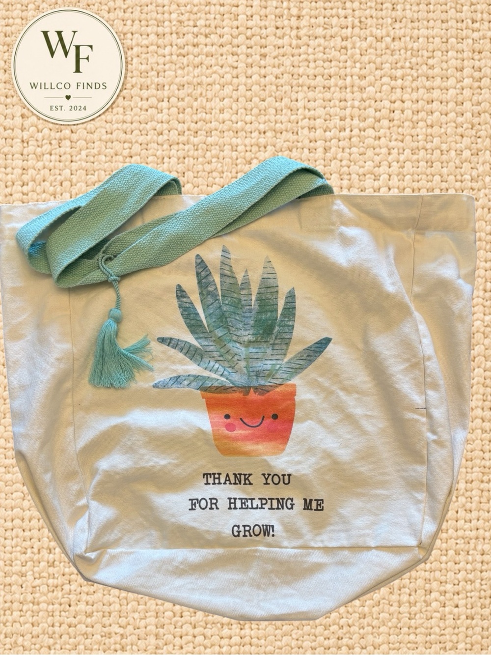 Teacher Thank You Tote Bag Succulent Canvas Mint Handles Helping Me Grow